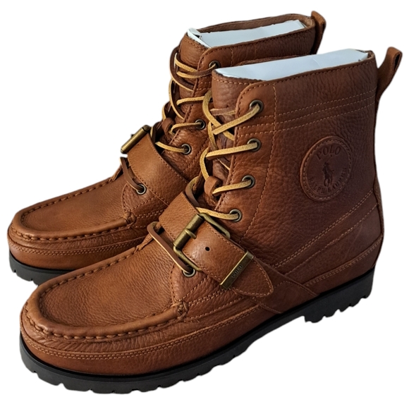 NIB POLO RALPH LAUREN MEN'S RANGER BROWN TUMBLED LEATHER BOOTS 8.5D - Picture 1 of 7